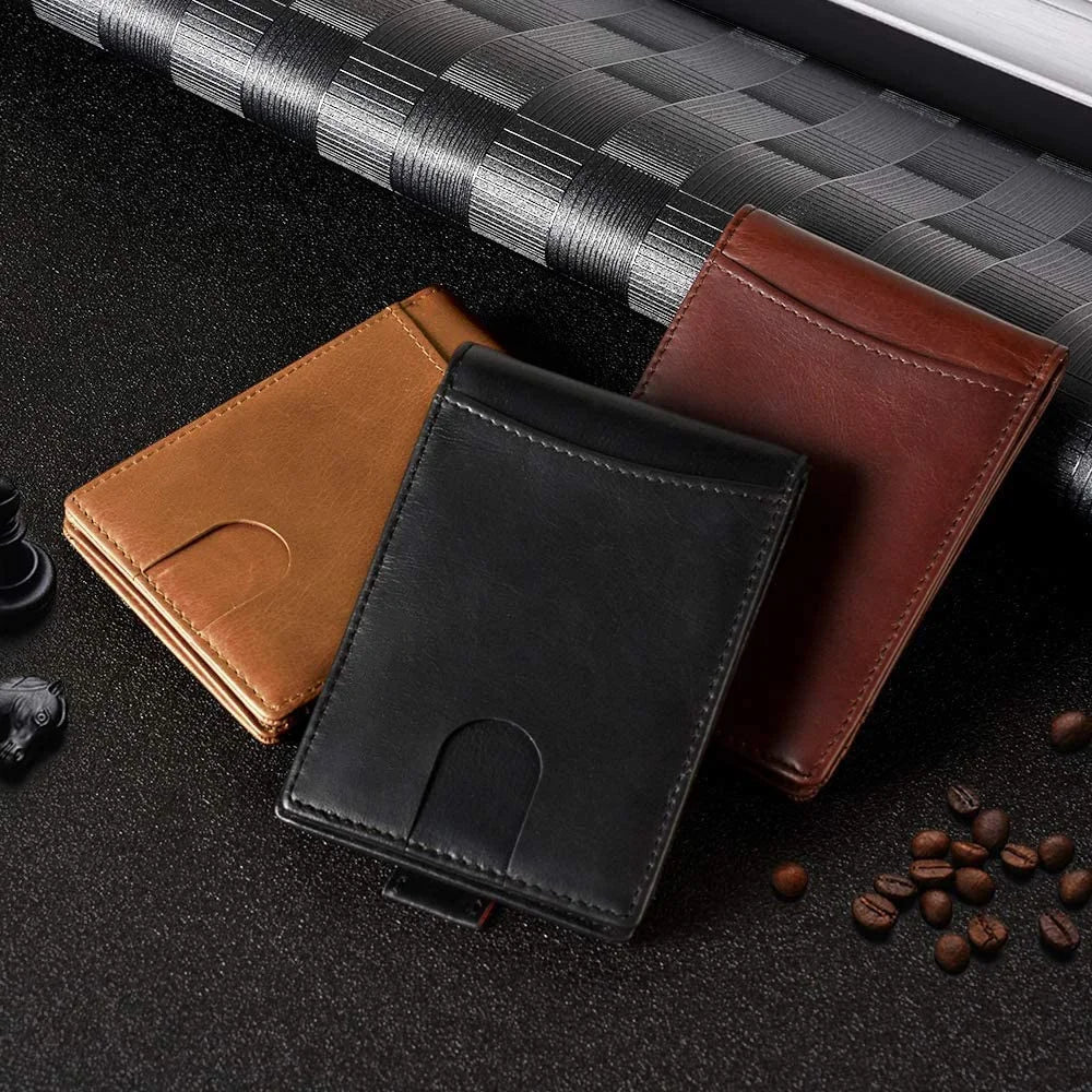 RFID Blocking Microfiber Leather Card Holder Cash Clip Design Men Card Bag Wallet - Plain Texture / Blue - 6