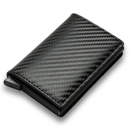 RFID Blocking Automatic Pop Up PU Leather + Aluminum Alloy Credit Card Holder Case Pocket Wallet - Carbon Fiber+Black - 1