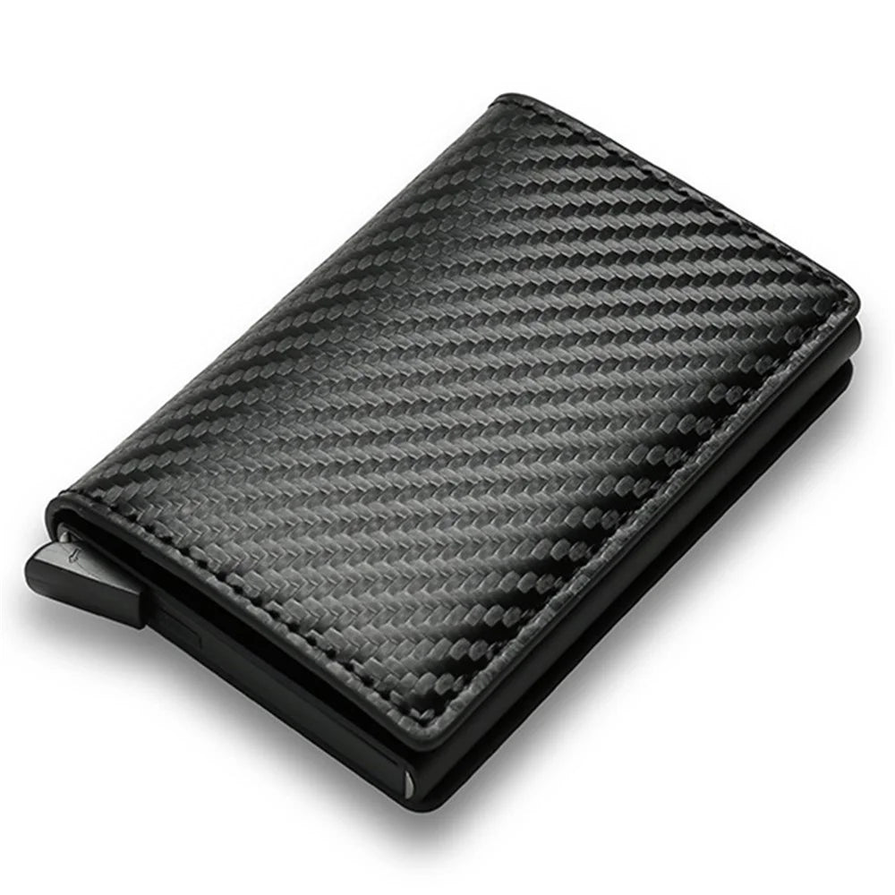 RFID Blocking Automatic Pop Up PU Leather + Aluminum Alloy Credit Card Holder Case Pocket Wallet - Carbon Fiber+Black - 1