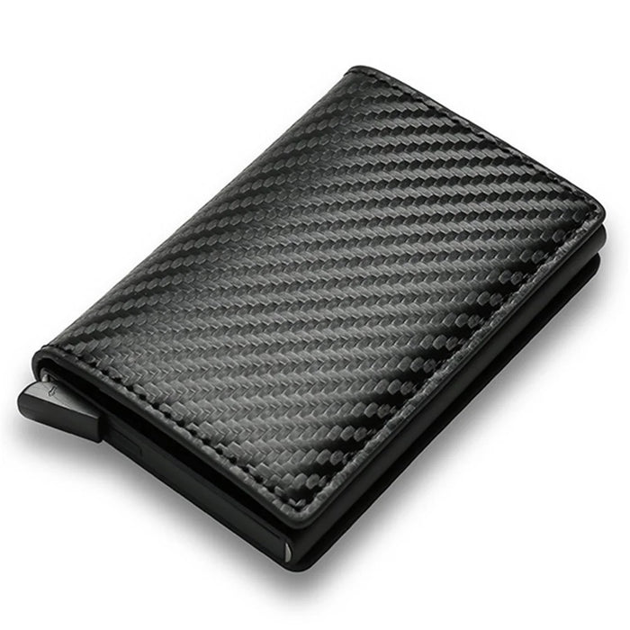 RFID Blocking Automatic Pop Up PU Leather + Aluminum Alloy Credit Card Holder Case Pocket Wallet - Carbon Fiber+Black - 1