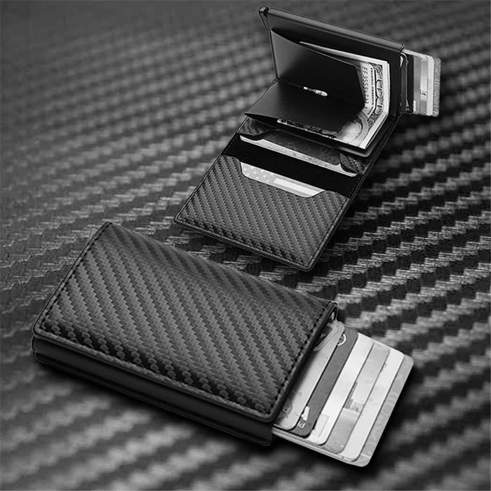 RFID Blocking Automatic Pop Up PU Leather + Aluminum Alloy Credit Card Holder Case Pocket Wallet - Carbon Fiber+Black - 2