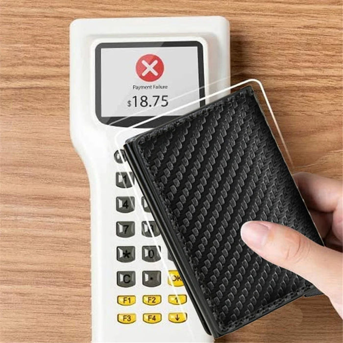 RFID Blocking Automatic Pop Up PU Leather + Aluminum Alloy Credit Card Holder Case Pocket Wallet - Carbon Fiber+Black - 4
