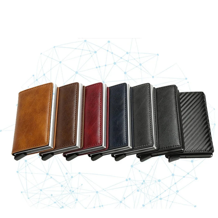 RFID Blocking Automatic Pop Up PU Leather + Aluminum Alloy Credit Card Holder Case Pocket Wallet - Carbon Fiber+Black - 6