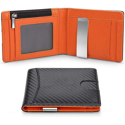 Retro RFID Blocking Slim Bi-fold Card Bag Men PU Leather Pocket Wallet with Money Clip - Carbon Fiber Black+Orange Liner - 1