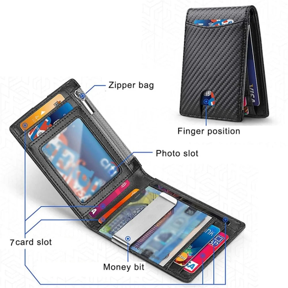 Retro RFID Blocking Slim Bi-fold Card Bag Men PU Leather Pocket Wallet with Money Clip - Carbon Fiber Black+Orange Liner - 2