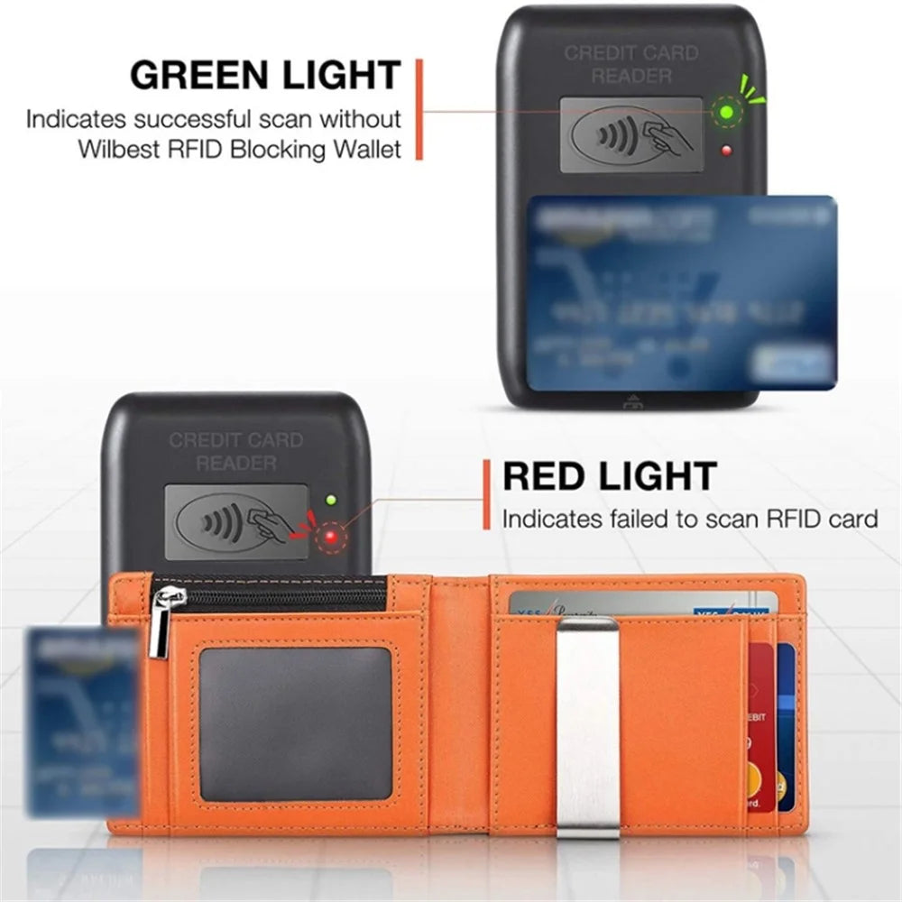 Retro RFID Blocking Slim Bi-fold Card Bag Men PU Leather Pocket Wallet with Money Clip - Carbon Fiber Black+Orange Liner - 3