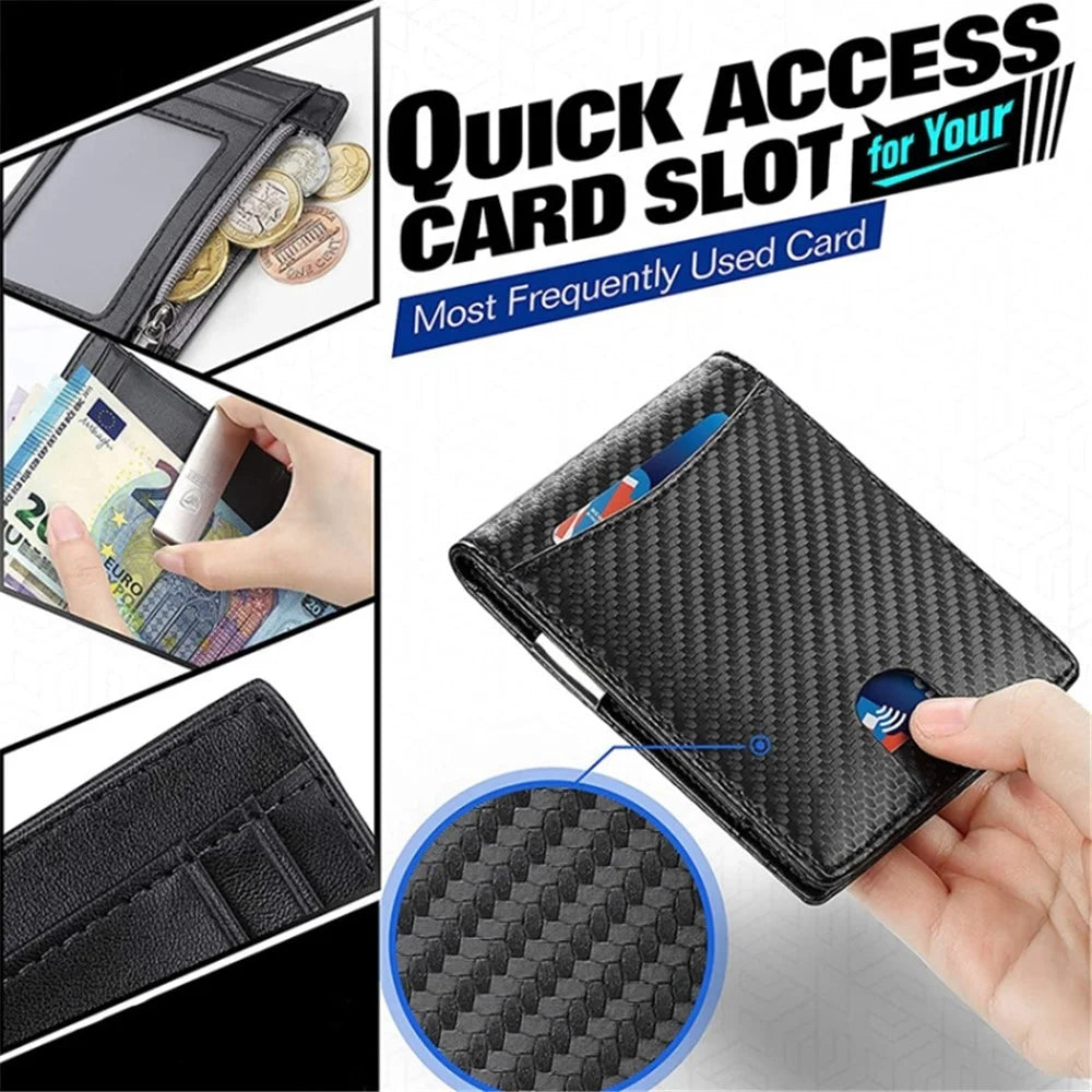 Retro RFID Blocking Slim Bi-fold Card Bag Men PU Leather Pocket Wallet with Money Clip - Carbon Fiber Black+Orange Liner - 5