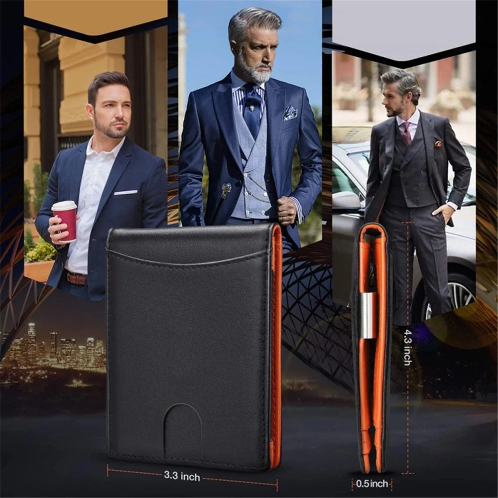 Retro RFID Blocking Slim Bi-fold Card Bag Men PU Leather Pocket Wallet with Money Clip - Carbon Fiber Black+Orange Liner - 6