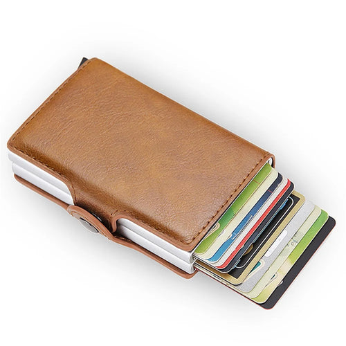 Credit Card Holder RFID Blocking PU Leather + Aluminum Alloy Pop Out Double Layer Card Case - Brown - 1