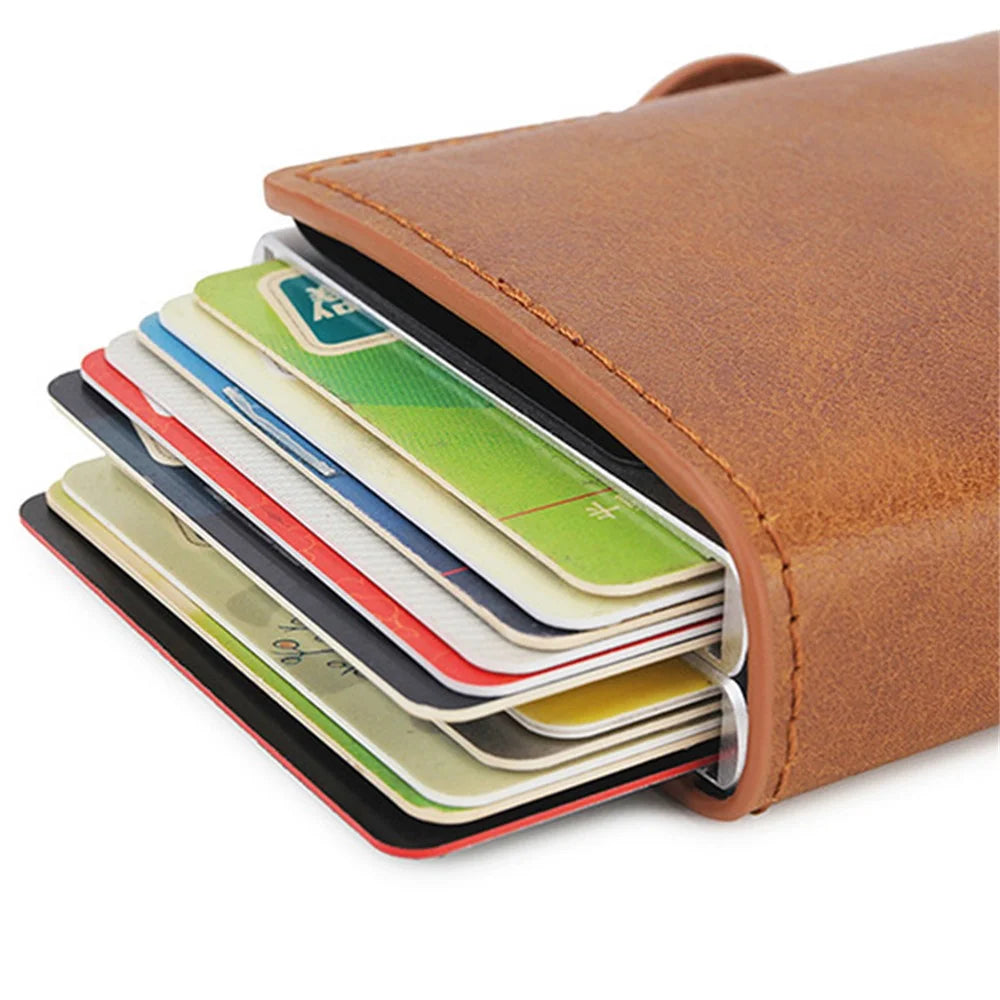 Credit Card Holder RFID Blocking PU Leather + Aluminum Alloy Pop Out Double Layer Card Case - Brown - 2