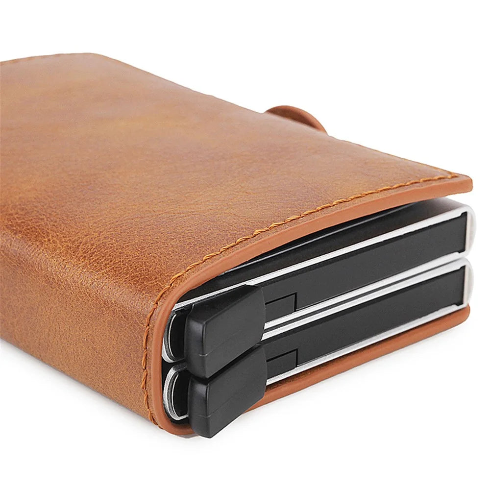 Credit Card Holder RFID Blocking PU Leather + Aluminum Alloy Pop Out Double Layer Card Case - Brown - 3