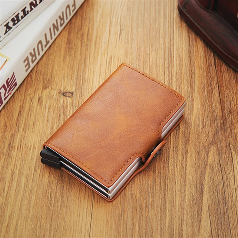 Credit Card Holder RFID Blocking PU Leather + Aluminum Alloy Pop Out Double Layer Card Case - Brown - 4
