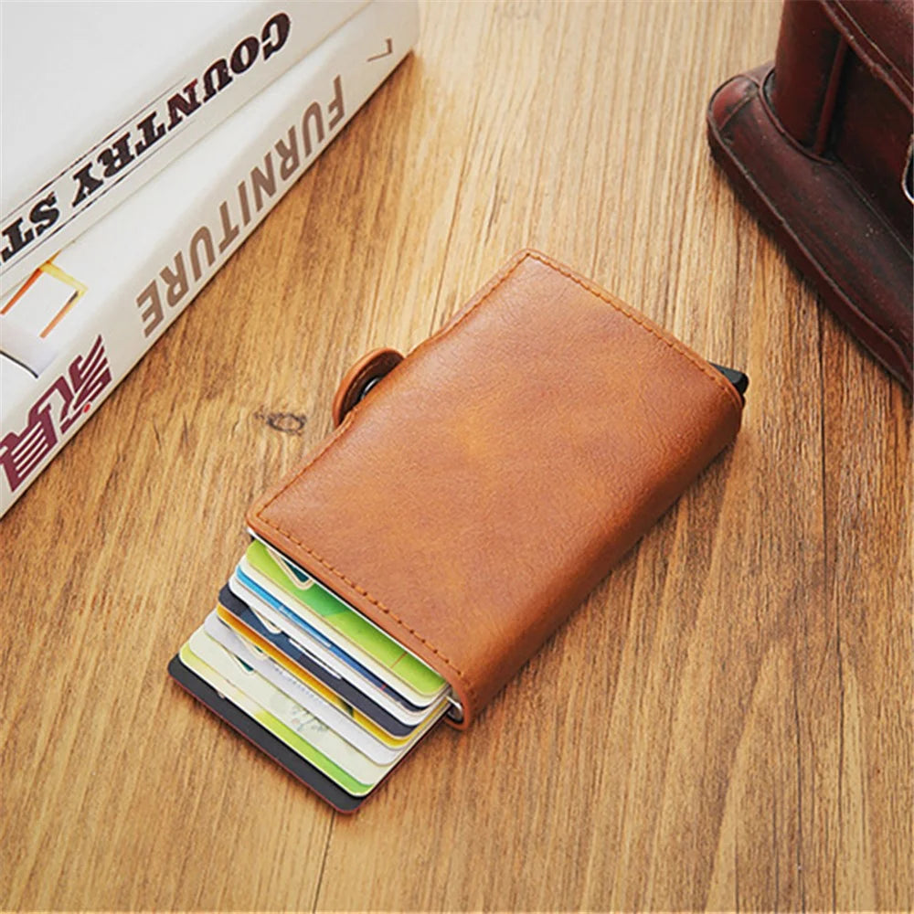 Credit Card Holder RFID Blocking PU Leather + Aluminum Alloy Pop Out Double Layer Card Case - Brown - 5