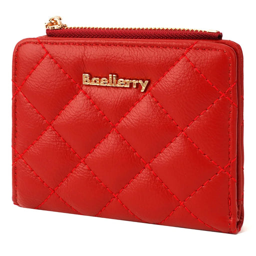 BAELLERRY N2390 Women Zipper Coin Purse Stitching Rhombus PU Leather Bi-fold Short Wallet - Red - 1