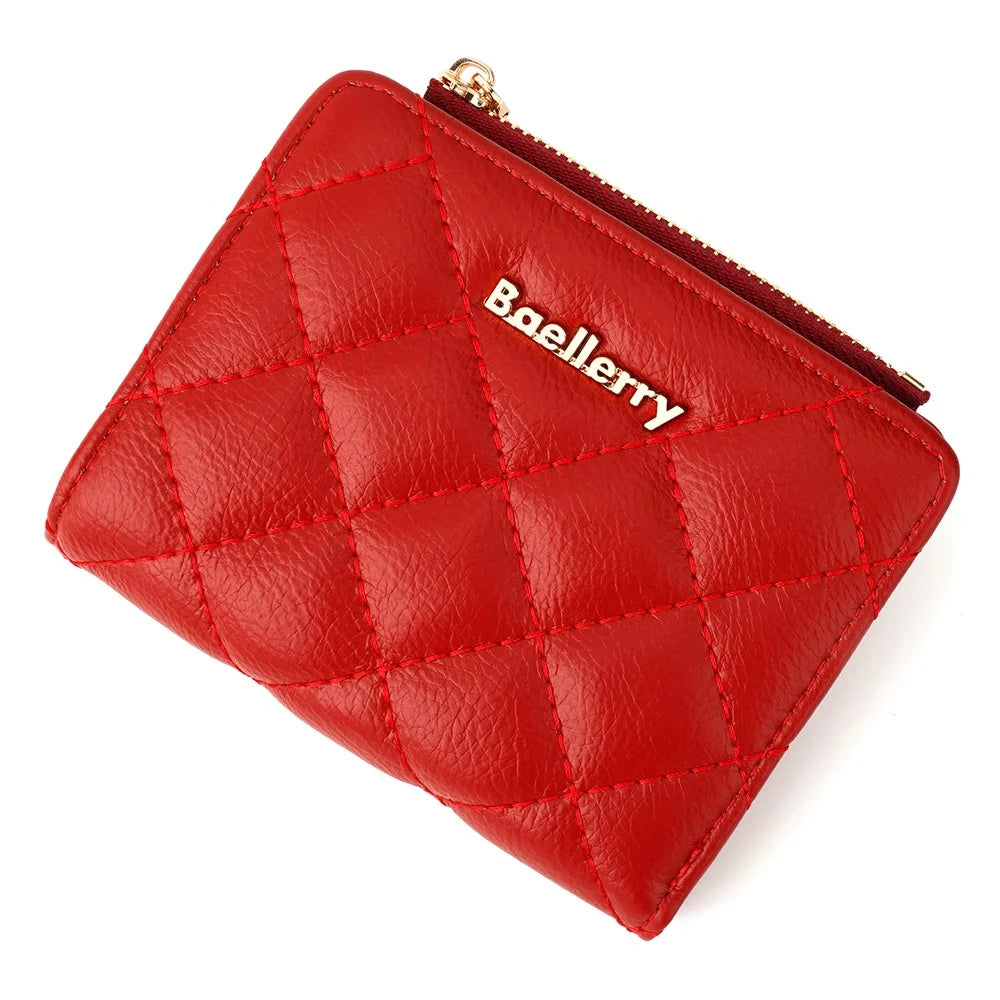 BAELLERRY N2390 Women Zipper Coin Purse Stitching Rhombus PU Leather Bi-fold Short Wallet - Red - 4