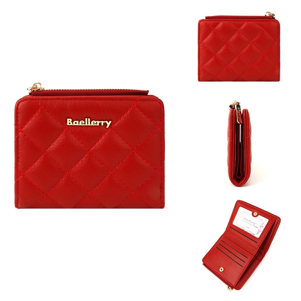 BAELLERRY N2390 Women Zipper Coin Purse Stitching Rhombus PU Leather Bi-fold Short Wallet - Red - 5