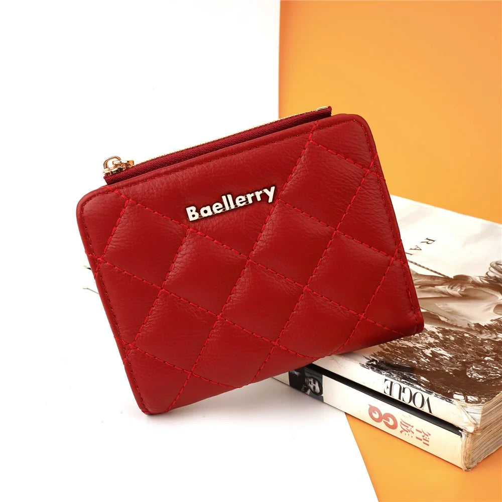 BAELLERRY N2390 Women Zipper Coin Purse Stitching Rhombus PU Leather Bi-fold Short Wallet - Red - 6