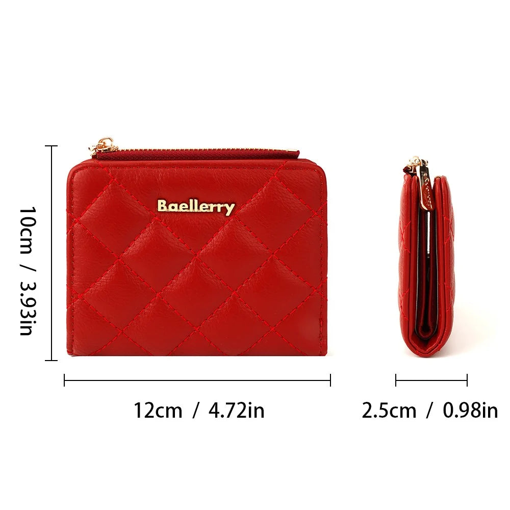 BAELLERRY N2390 Women Zipper Coin Purse Stitching Rhombus PU Leather Bi-fold Short Wallet - Red - 7