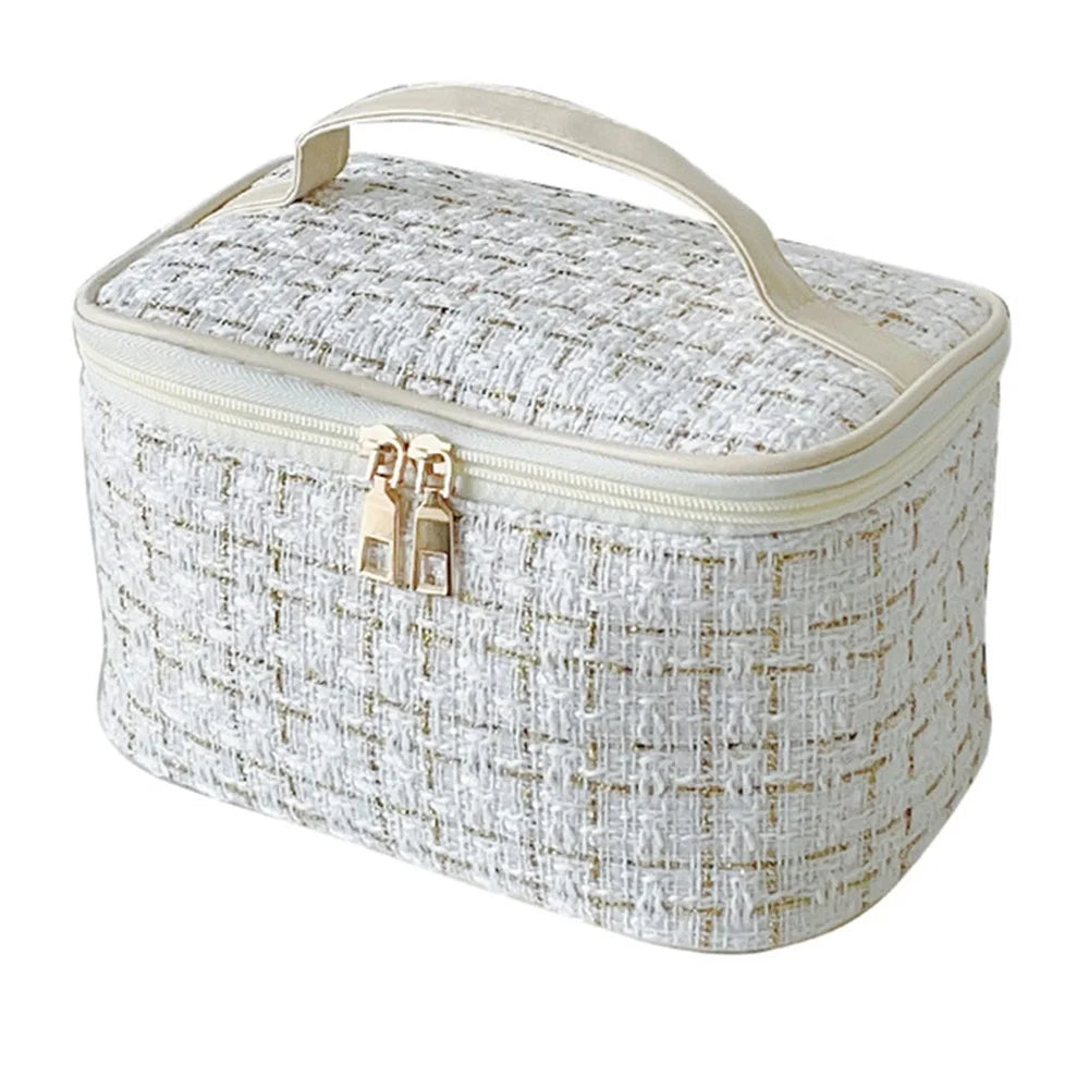 Grid Design Cosmetics Storage Bag PU Leather Handle Stylish Polyester Zipper Makeup Bag - White - 1