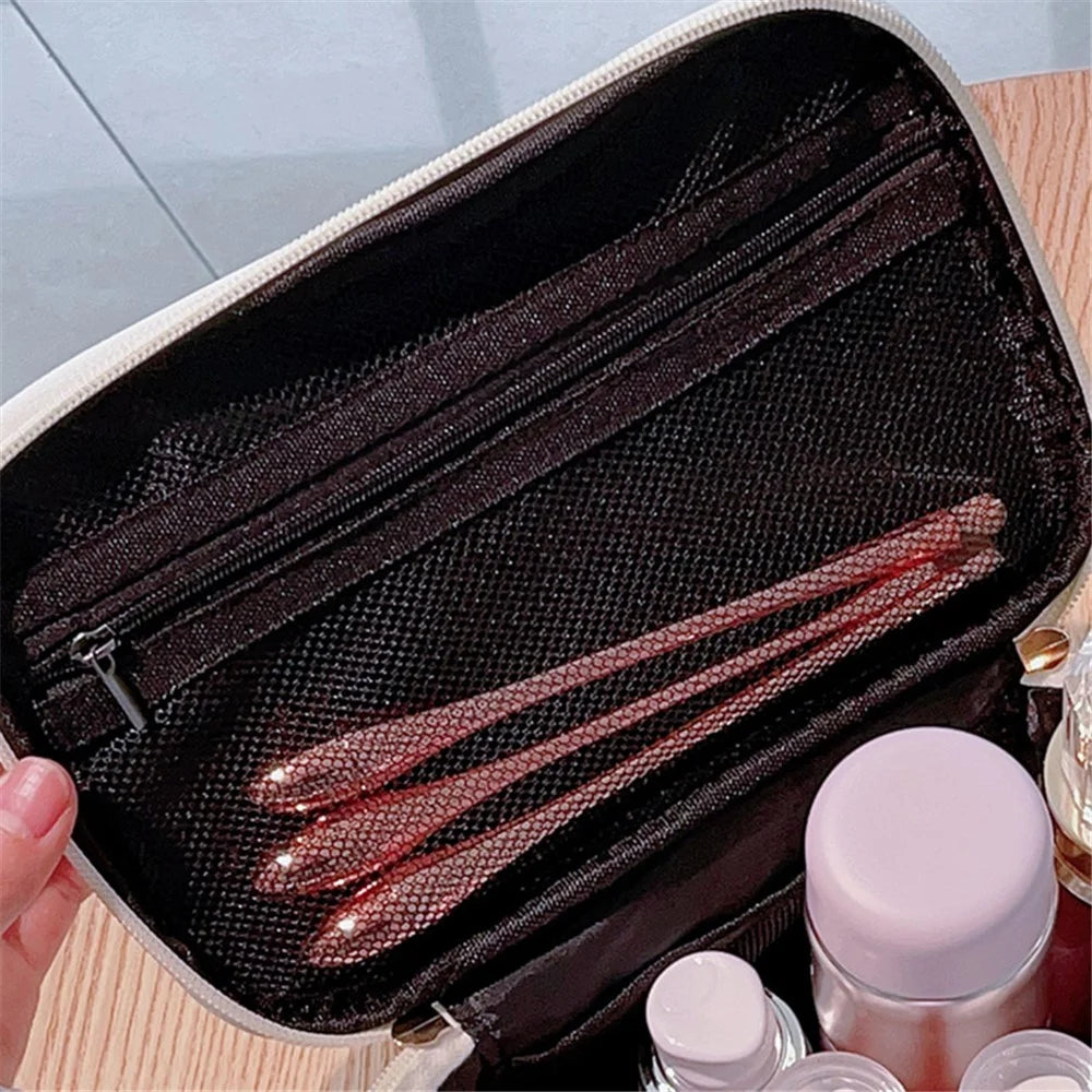 Grid Design Cosmetics Storage Bag PU Leather Handle Stylish Polyester Zipper Makeup Bag - White - 6