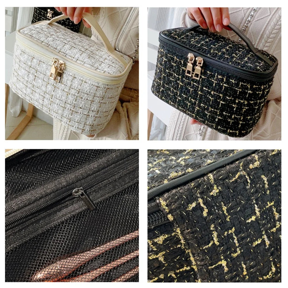 Grid Design Cosmetics Storage Bag PU Leather Handle Stylish Polyester Zipper Makeup Bag - White - 7