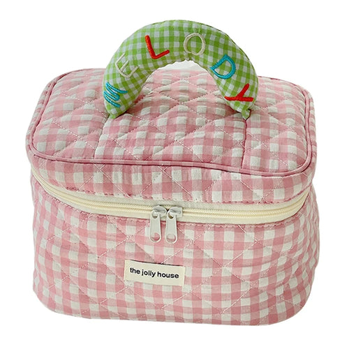Lovely Grid Design Cosmetics Storage Bag Cloth Zipper Handbag Makeup Bag - Pink - 1
