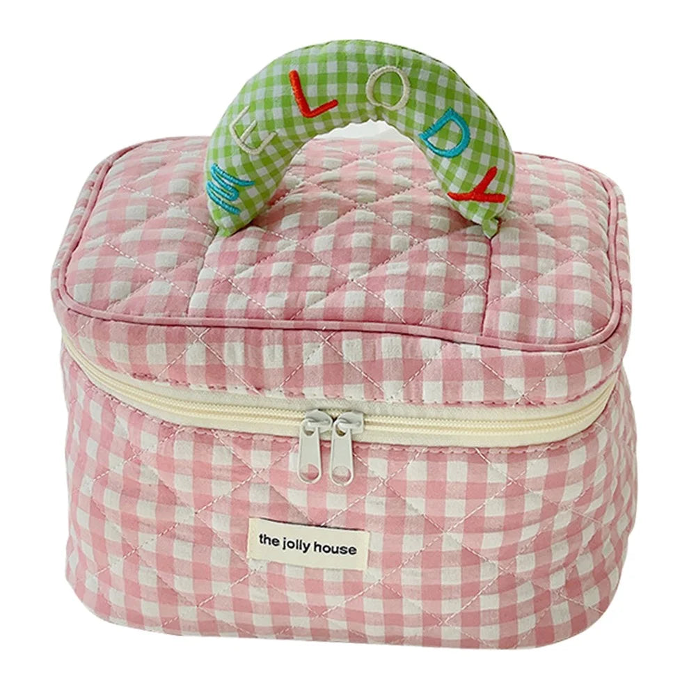 Lovely Grid Design Cosmetics Storage Bag Cloth Zipper Handbag Makeup Bag - Pink - 1