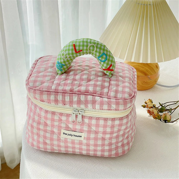 Lovely Grid Design Cosmetics Storage Bag Cloth Zipper Handbag Makeup Bag - Pink - 2