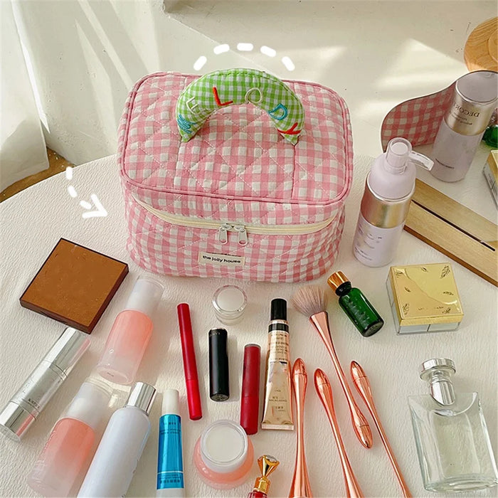 Lovely Grid Design Cosmetics Storage Bag Cloth Zipper Handbag Makeup Bag - Pink - 3
