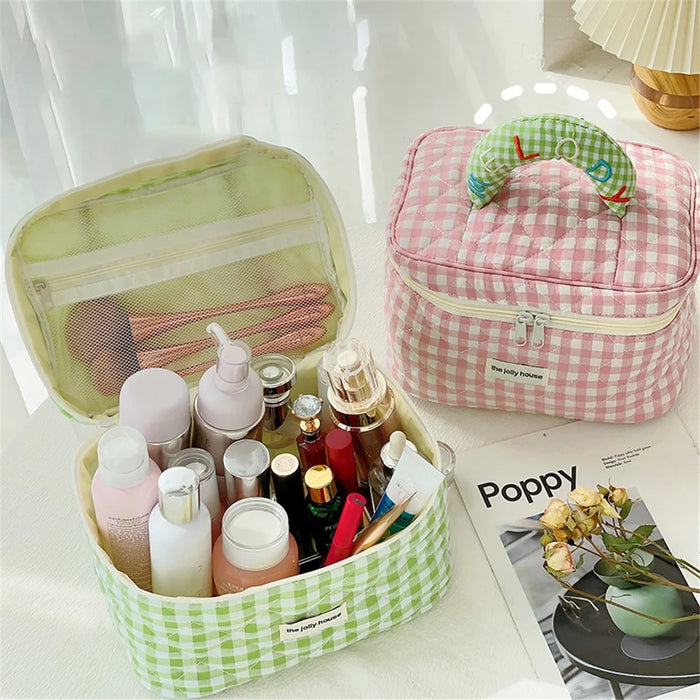 Lovely Grid Design Cosmetics Storage Bag Cloth Zipper Handbag Makeup Bag - Pink - 4