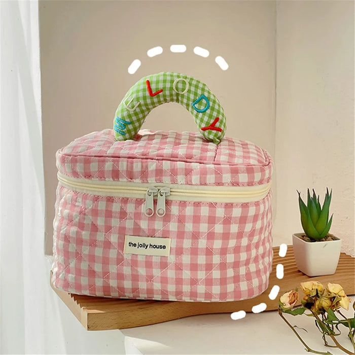 Lovely Grid Design Cosmetics Storage Bag Cloth Zipper Handbag Makeup Bag - Pink - 5