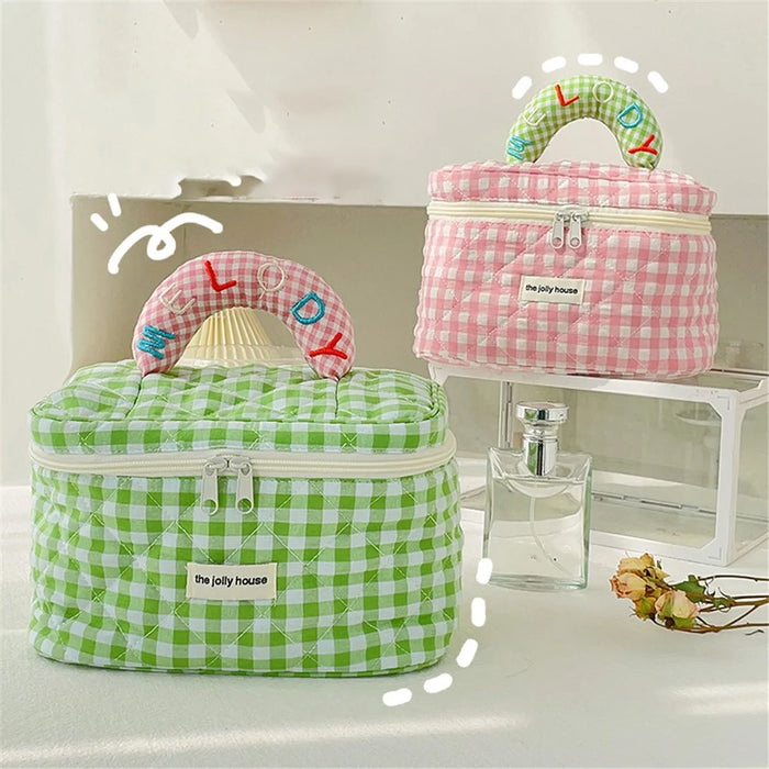 Lovely Grid Design Cosmetics Storage Bag Cloth Zipper Handbag Makeup Bag - Pink - 6