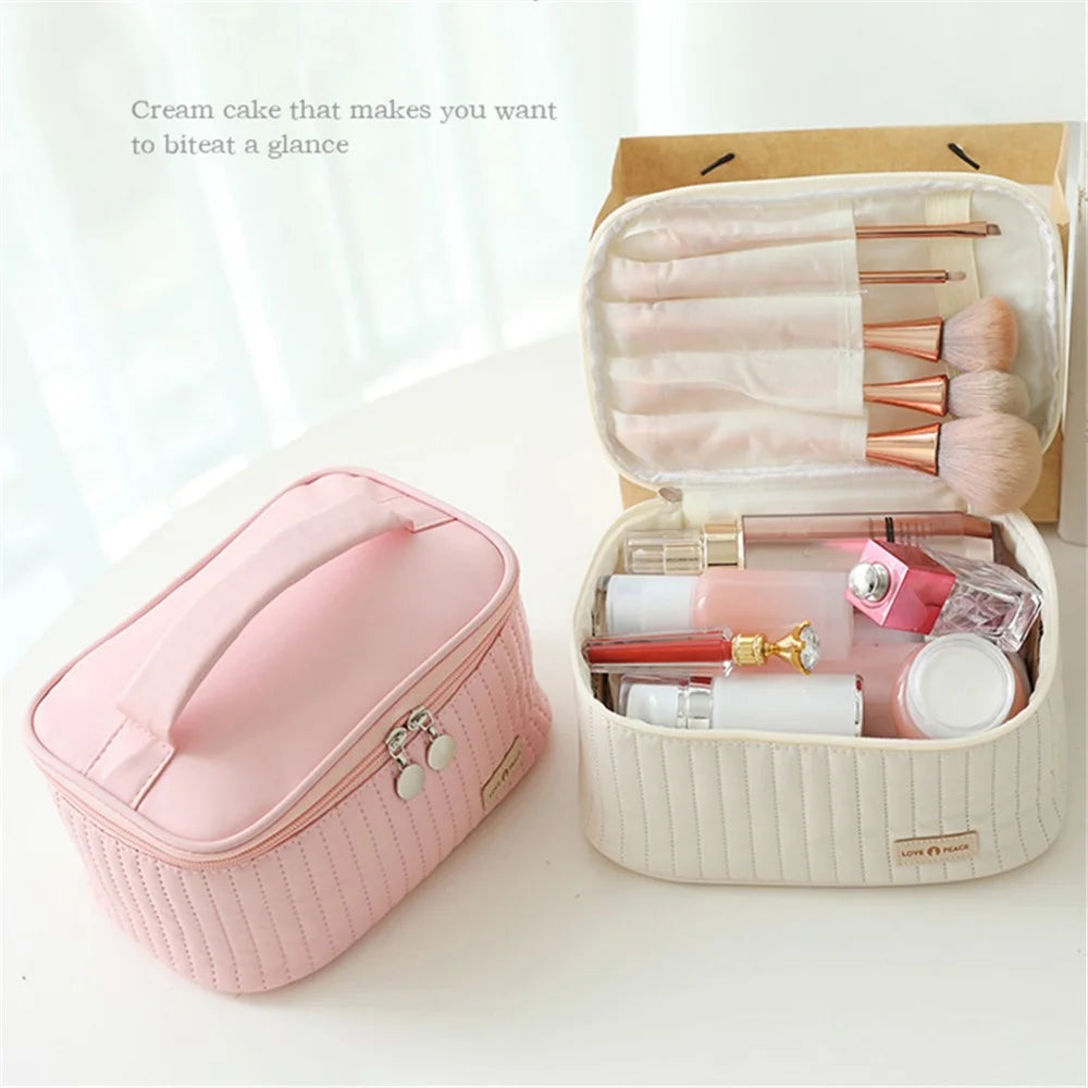 Lovely Cosmetics Toiletries Storage Bag Cloth Zipper Handbag Women Makeup Bag - Beige - 3