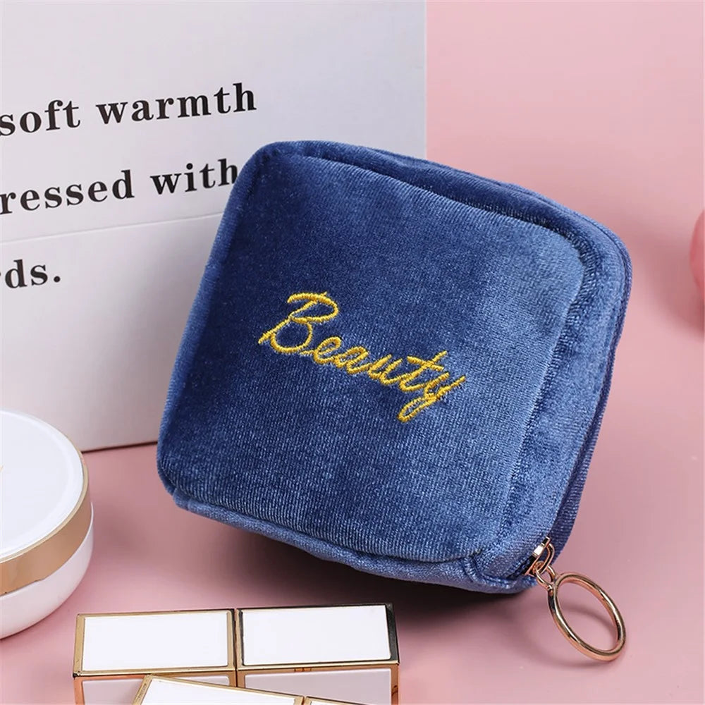 Portable Travel Velvet Cloth Cosmetics Storage Bag Lipsticks Lip Gloss Zipper Storage Bag - Sky Blue - 2