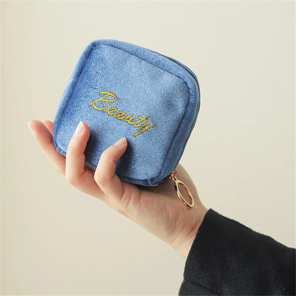 Portable Travel Velvet Cloth Cosmetics Storage Bag Lipsticks Lip Gloss Zipper Storage Bag - Sky Blue - 4