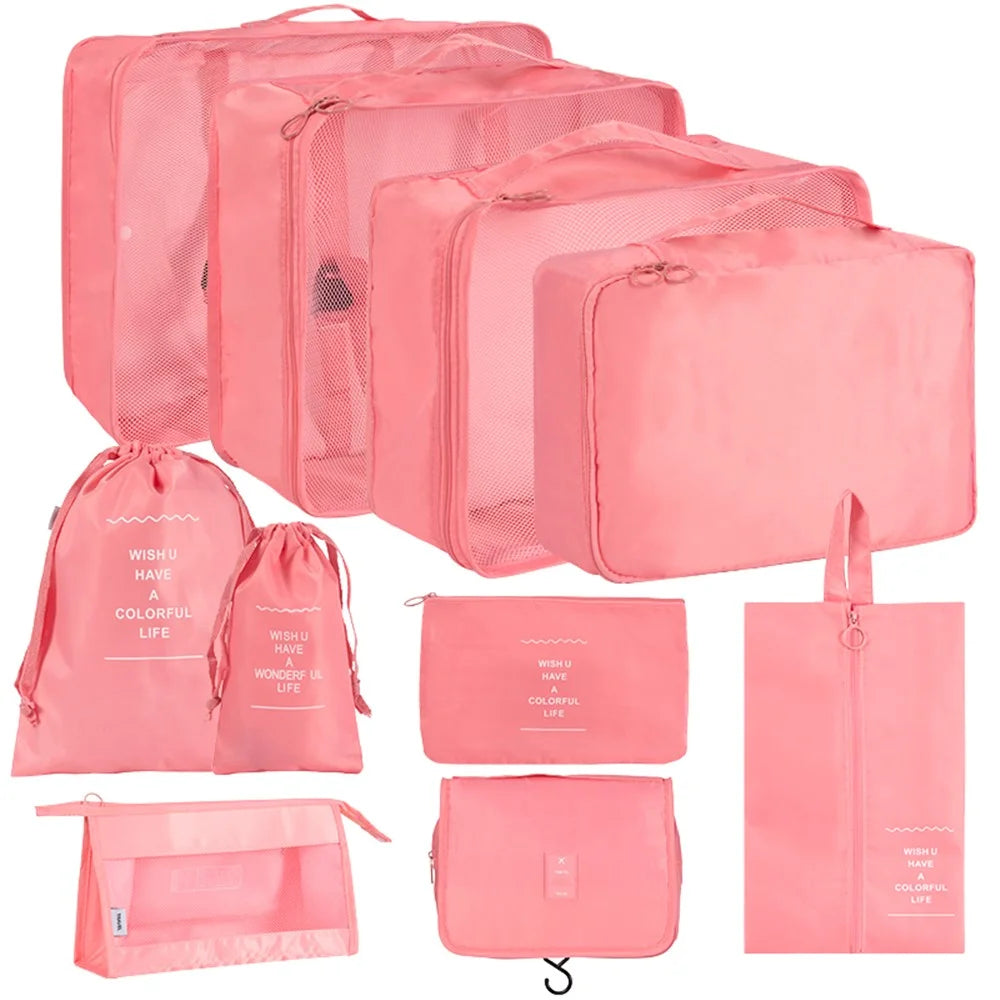 10Pcs / Set Travel Essentials Clothes Shoes Storage Bags Oxford Cloth Luggage Organizers - Pink - 1
