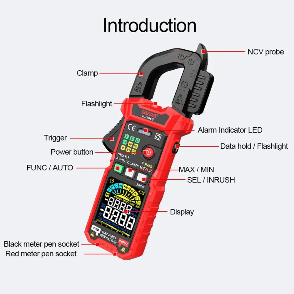 GVDA GD166B 6000 Counts Digital Clamp Meter AC DC Voltage True RMS Clamp Multimeter Capacitance Ohm Hz Amp Tester - 7