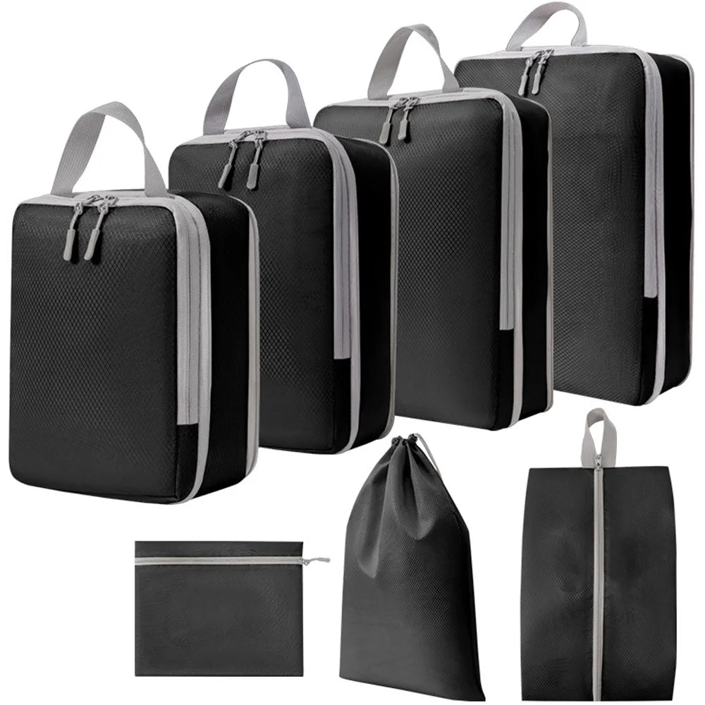 7PCS Polyester Packing Cubes Set Travel Luggage Packing Organizers Compression Storage Bags for Men Women - Black - 1