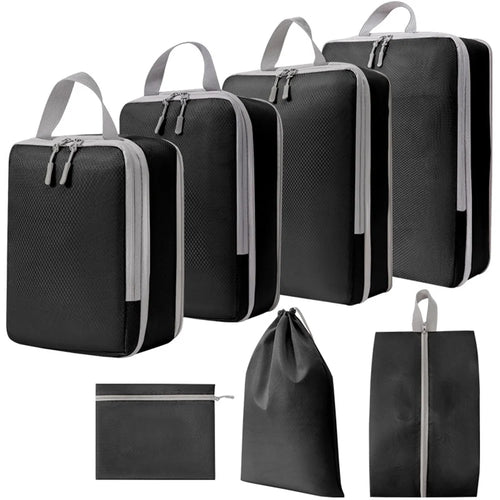 7PCS Polyester Packing Cubes Set Travel Luggage Packing Organizers Compression Storage Bags for Men Women - Black - 1