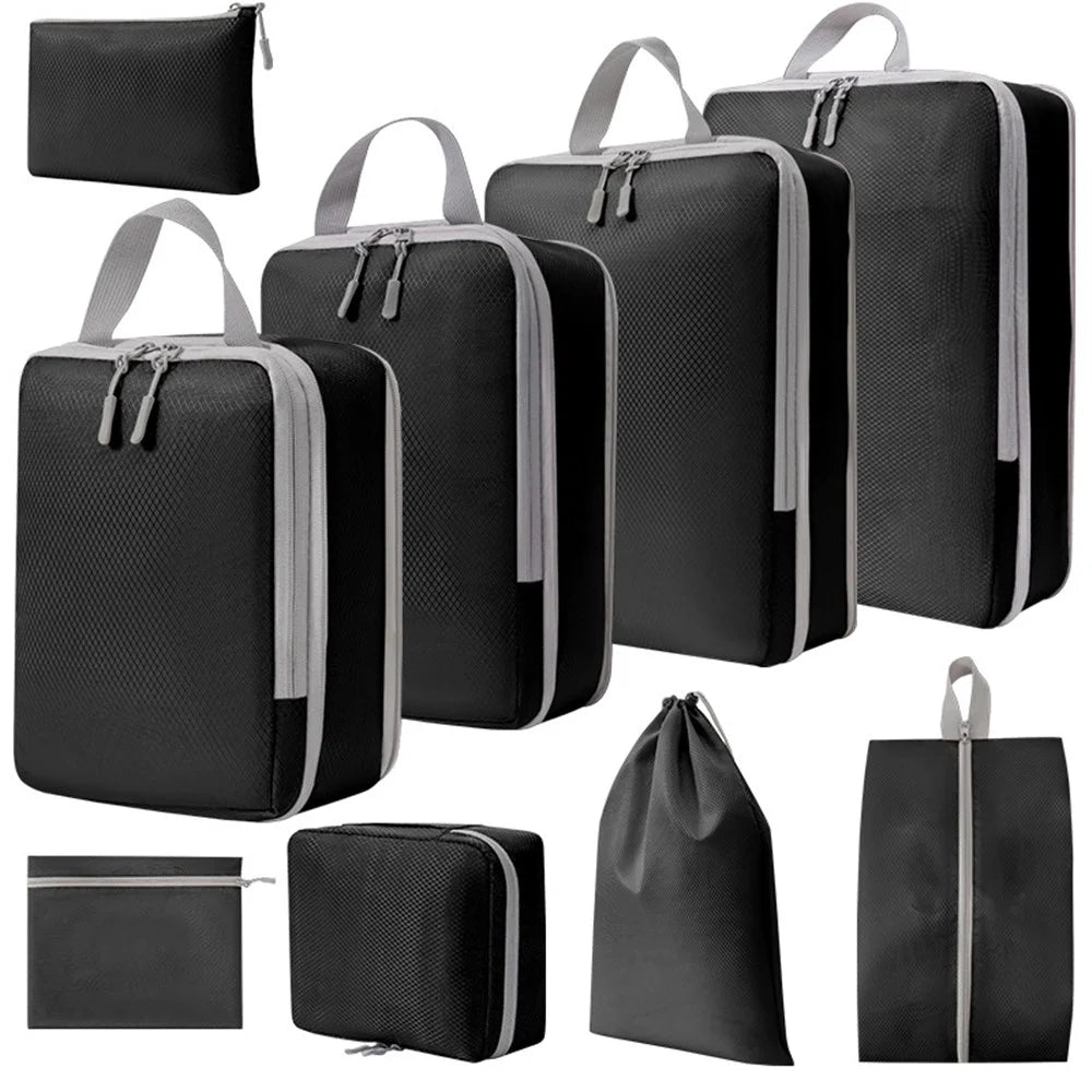 9PCS Dual-Way Zipper Travel Organizer Bags Set Polyester Compression Packing Cubes - Black - 1
