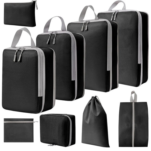 9PCS Dual-Way Zipper Travel Organizer Bags Set Polyester Compression Packing Cubes - Black - 1