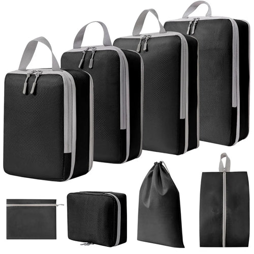 8PCS Travel Luggage Case Bags Polyester Compression Packing Cubes Organizer Pouches for Makeup, Toiletries, Clothes - Black - 1