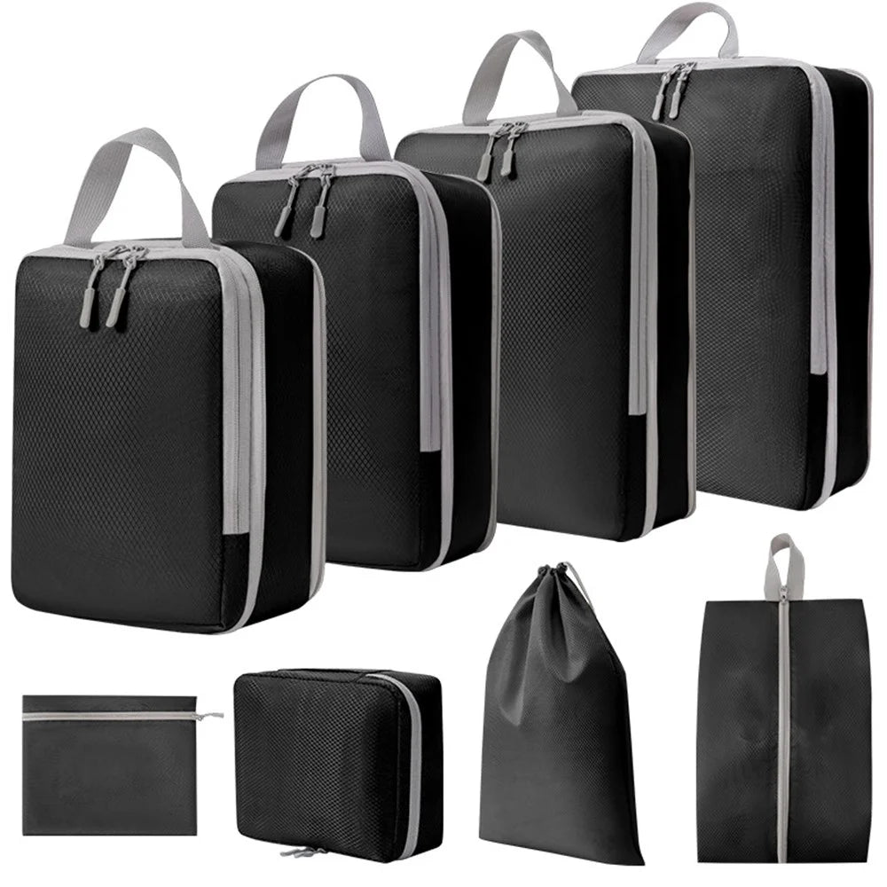 8PCS Travel Luggage Case Bags Polyester Compression Packing Cubes Organizer Pouches for Makeup, Toiletries, Clothes - Black - 1