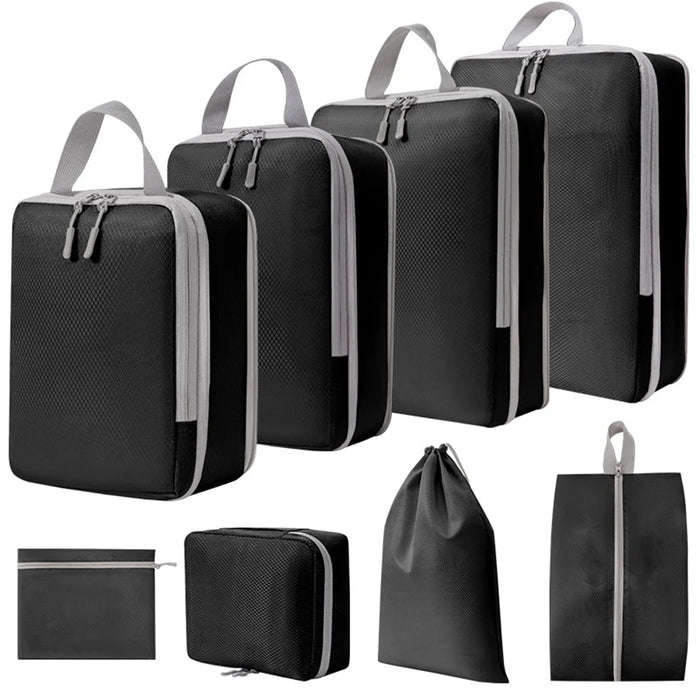 8PCS Travel Luggage Case Bags Polyester Compression Packing Cubes Organizer Pouches for Makeup, Toiletries, Clothes - Black - 1