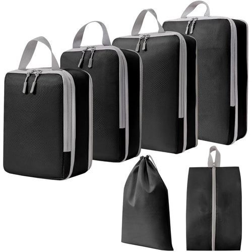 6PCS Large Compression Packing Cubes Polyester Luggage Organizer Bags Pouches Set for Travel Essentials - Black - 1