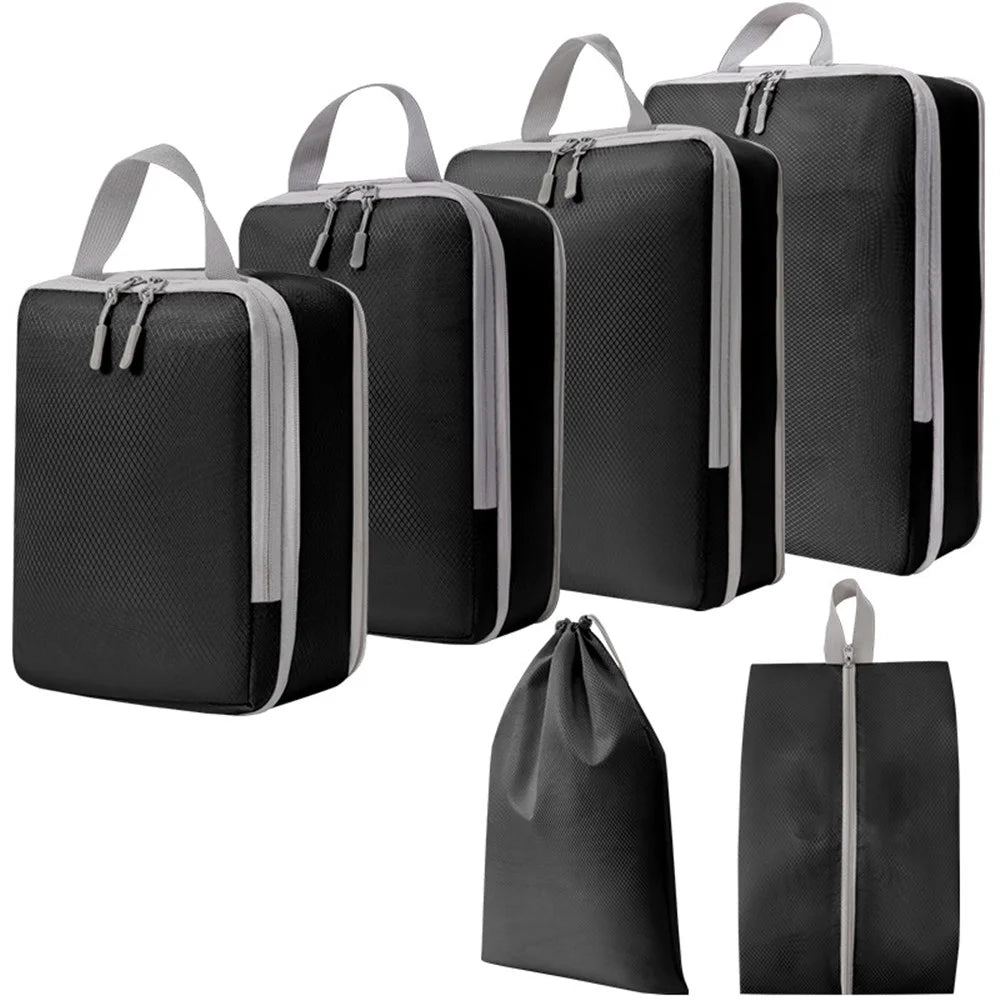 6PCS Large Compression Packing Cubes Polyester Luggage Organizer Bags Pouches Set for Travel Essentials - Black - 1