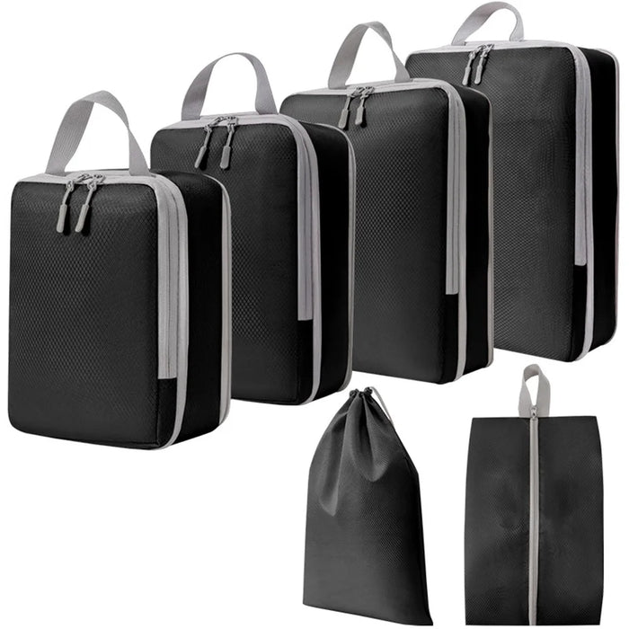 6PCS Large Compression Packing Cubes Polyester Luggage Organizer Bags Pouches Set for Travel Essentials - Black - 1