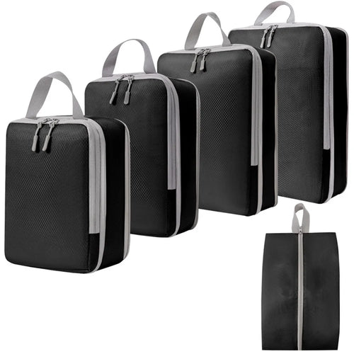 5PCS Travel Clothes Organizer Bags Polyester Compression Packing Cubes Pouches to Maximize Space in Luggage - Black - 1
