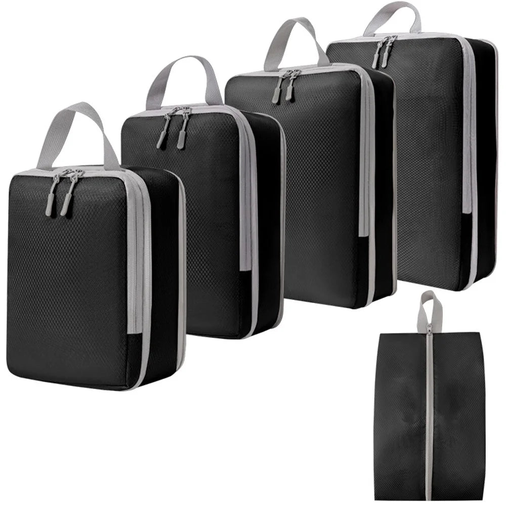 5PCS Travel Clothes Organizer Bags Polyester Compression Packing Cubes Pouches to Maximize Space in Luggage - Black - 1
