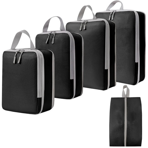 5PCS Travel Clothes Organizer Bags Polyester Compression Packing Cubes Pouches to Maximize Space in Luggage - Black - 1
